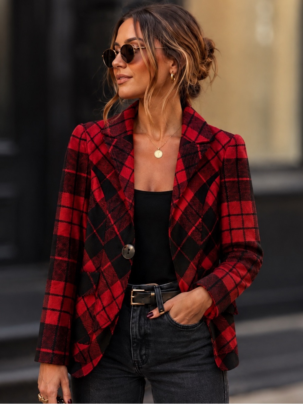 Tailor B. Moss Vintage Red Black Buffalo Plaid Blazer Jacket Size 2 - Picture 1 of 9